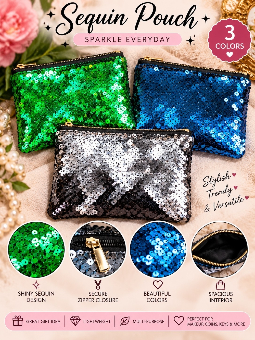 Reversible Sequin Zipper Pouch Coin Purse/Makeup Bag – 3 Colors